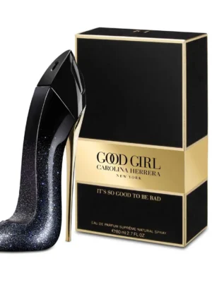 Frasco de perfume Good Girl Suprême Eau de Parfum 80 ml de Carolina Herrera, color negro con dorado, en forma de tacón de aguja, ideal para mujeres, sobre fondo blanco.