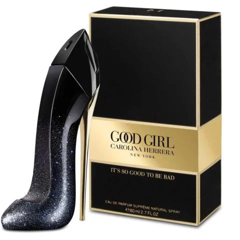 Frasco de perfume Good Girl Suprême Eau de Parfum 80 ml de Carolina Herrera, color negro con dorado, en forma de tacón de aguja, ideal para mujeres, sobre fondo blanco.
